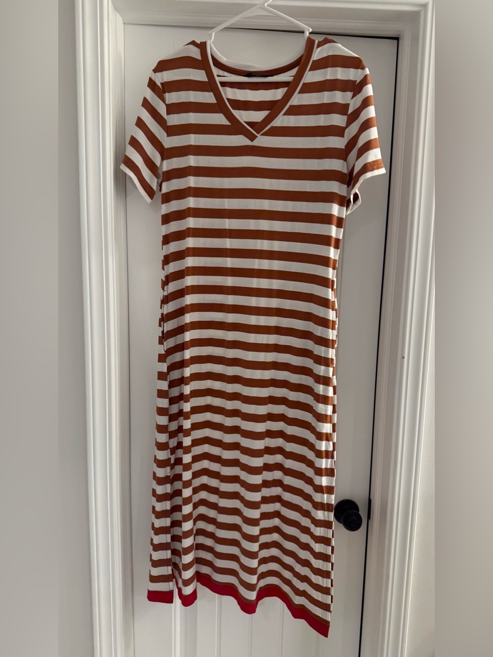 Striped V-Neck Dress in Brown and White